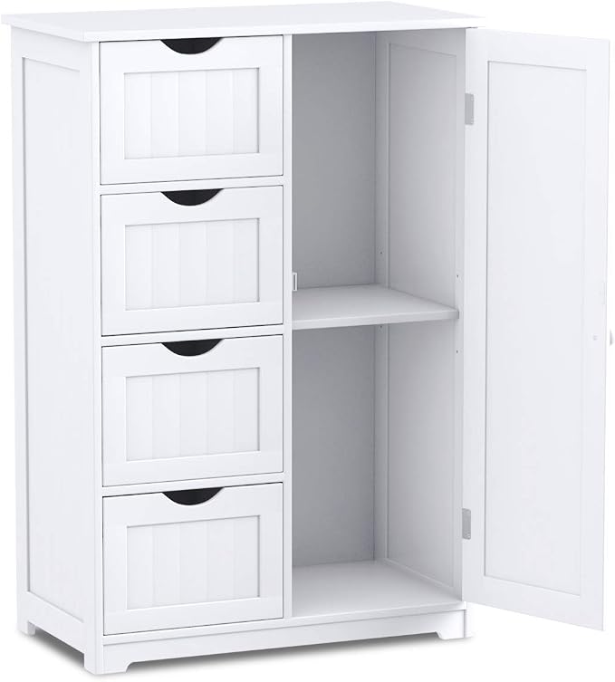 Giantex Bathroom Storage Cabinet with Drawers - 4 Drawer Storage Organizer w/Cupboard, Adjustable Shelf, Anti-Toppling Device, Entryway Storage Unit Console Table, Bathroom Floor Cabinet (White)