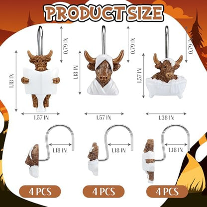 Roowest 12 Pcs Highland Cow Shower Curtain Hooks, Stainless Steel Farmhouse