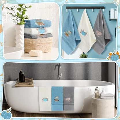 FuWeave 3 Pcs Blue White Fall Blue Pumpkins Hand Towels for Bathroom