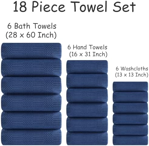 18 Pcs Navy Woven Family Towels Set-6 Bath Sheets,6 Hand Towels,6 Washcloths Soft Microfiber Towels Absorbent Shower Towel Quick Dry Beach Chair Towel Lint Less Towels Set for Bathroom Spa Gym Hotel