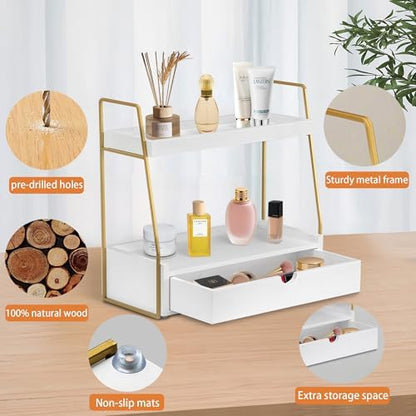 2-Tier Bathroom Countertop Organizer with Drawer, Wood Vanity Shelf White
