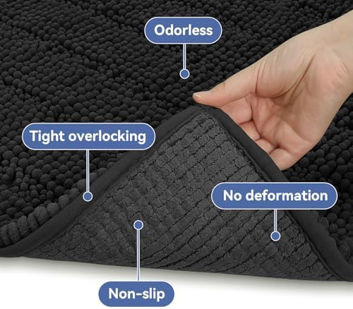Bcoimo Bath Rug Mat,36x24 Chenille Non Slip Black Bathroom Floor Shower Mat
