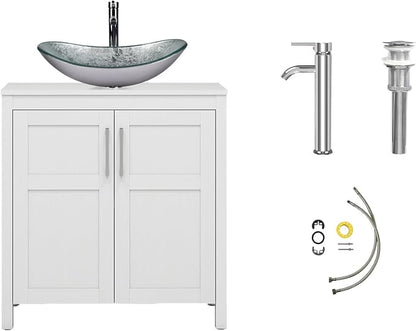 YOURLITE 30" Bathroom Vanity with Sink, White Bathroom Vanity and Sink Combo with Faucet & Pop Up Drain Set,Traditional Vanity with Blue Glass Boat Bathroom Sink