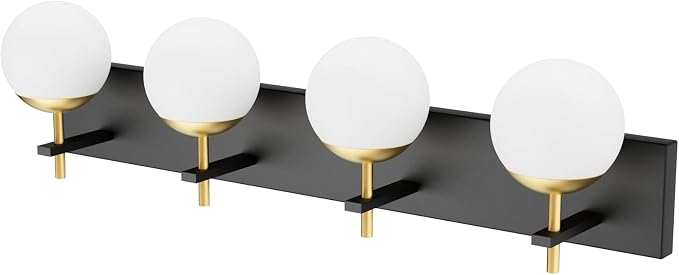 Ralbay Mid Century Modern Vanity Lights - 4-Light Milky Glass Globe Modern Bathroom Vanity Lights Over Mirror, Black/Golden Bathroom Wall Light Fixture