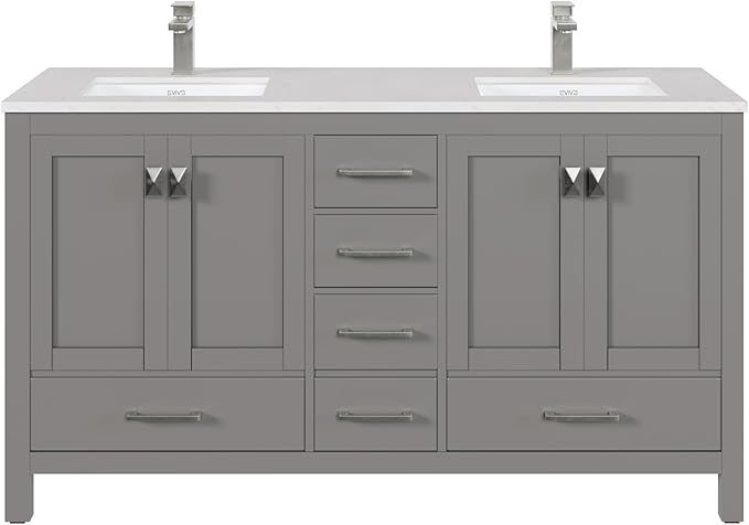 Eviva London 60 in. Gray Double Sink Bath Vanity with Carrara Quartz Top and Undermount Porcelain Sinks