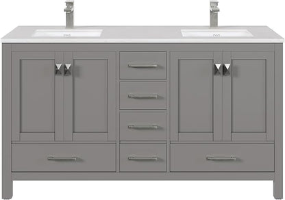 Eviva London 60 in. Gray Double Sink Bath Vanity with Carrara Quartz Top and Undermount Porcelain Sinks