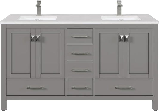 Eviva London 60 in. Gray Double Sink Bath Vanity with Carrara Quartz Top and Undermount Porcelain Sinks