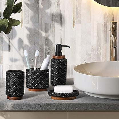RQYIXI Ceramic Bathroom Accessories Set,Black,4 Piece,Embossed Design