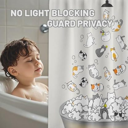 Cute Cat Shower Curtain Kids Animal Cartoon Bathroom Decor, Waterproof Cloth Fabric with Hooks 70" W x 84" L