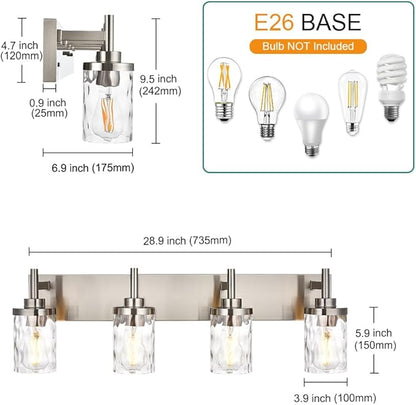 Bathroom Vanity Lighting Fixtures 4 Lights,Brushed Nickel Bathroom Vanity Lights with Clear Hammered Shade Wall Sconce Lighting Modern Farmhouse Bath Lighting