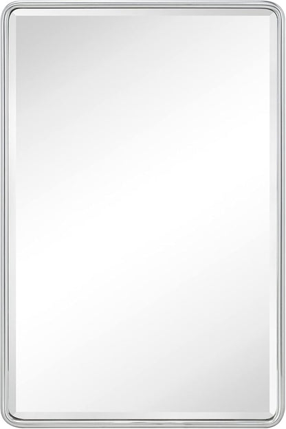 TEHOME Farmhouse Brushed Nickel Metal Framed Recessed Bathroom Medicine Cabinet with Mirror Rounded Rectangle Medicine Cabinet with Beveled Mirror 16x24''