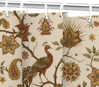 Boho Chic Beige Floral Shower Curtain, Vintage Rustic Antique Victorian Peacock Paisley Farmhouse Shower Curtain Set, Witchy Aesthetic Retro Bath Curtains Bathroom Accessories with Hooks,72X72 Cream