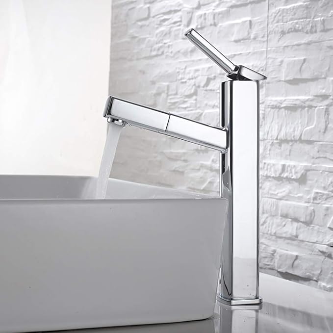 KAIYING Bathroom Pull Down Vessel Sink Faucet, Lavatory Single Hole Basin Sink Faucet with Pull Out Sprayer, Single Handle Utility Mixer Tap with Rotating Spout (Tall, Chrome)