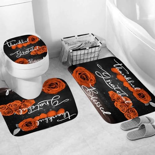 Onalasyc 4Pcs Orange Rose Floral Shower Curtain with Rugs Set