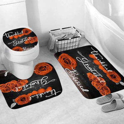 Onalasyc 4Pcs Orange Rose Floral Shower Curtain with Rugs Set