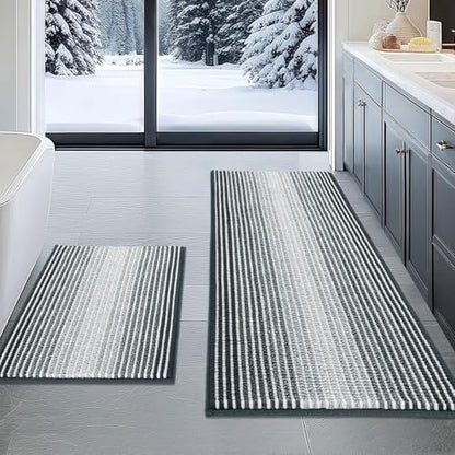 BSICPRO Bathroom Rugs Sets 2 Piece, Non Slip Striped Bath Mats, Blue Grey