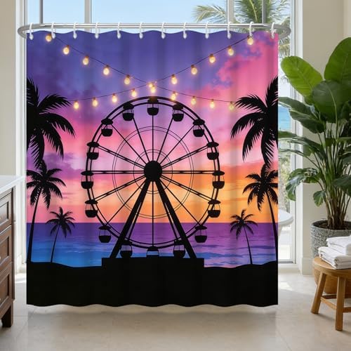 Romantic Gradient Purple Shower Curtain with 12 Hooks, Machine Washable Coastal Shower Curtain with Weighted Hem, Beach Ferris Wheel Design Waterproof Shower Curtains for Bathroom Decor, 72x72 Inch