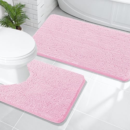 OLANLY Chenille Bathroom Rugs Mats Sets 2 Piece, 47"x20"+24"x20", Pink