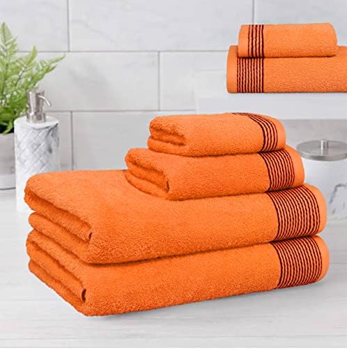 Belizzi Home 100% Cotton Ultra Soft 6 Pack Towel Set, Contains 2 Bath Towels 28x55 inchs, 2 Hand Towels 16x24 inchs & 2 Washcloths 12x12 inchs, Compact Lightweight & Highly Absorbant - Orange