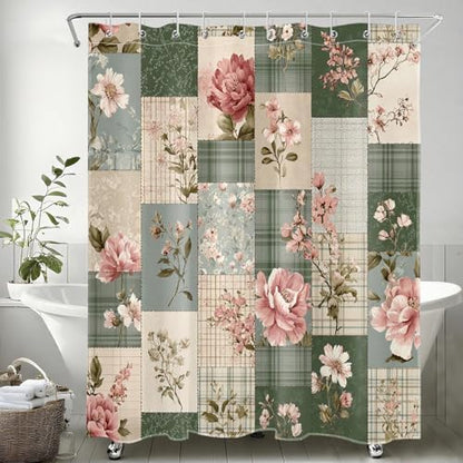 Vintage Floral Patchwork Shower Curtain for Bathroom, Pink Flower and Green Plaid Retro Shower Curtain Set Country Farmhouse Bathroom Decor Accessories with Hooks, 60W X 72L inches