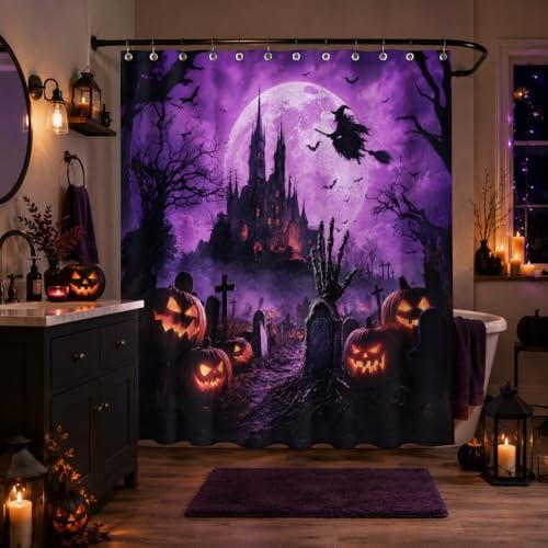 Halloween Shower Curtain, Purple Gothic Castle Bathroom Curtain, Witch Moon Bats Pumpkin Graveyard Spooky Waterproof Polyester Fabric Bath Curtain with Hooks 72x72 Inch