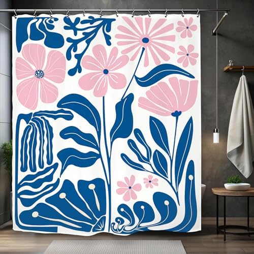 Pink Blue Matisse Flower Shower Curtain 60Wx72L Inch Abstract Retro Aesthetic Minimalist Vintage Art 70s Modern Bathroom Set Accessories Decor with 12 Pack Hooks