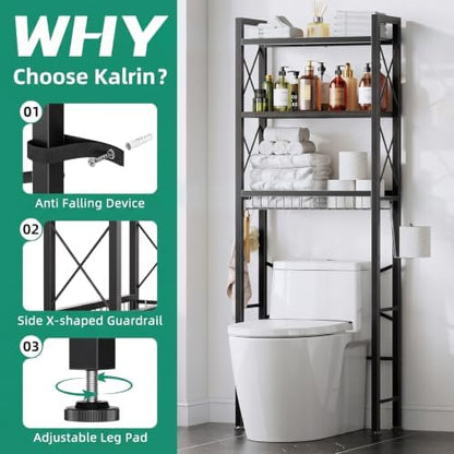 Kalrin Over The Toilet Storage with X Shape Side Guardrail, 3-Tier Over Toilet Storage Rack with Drain Basket, Freestanding Bathroom Organizer for Balcony Laundry, Oak Grey