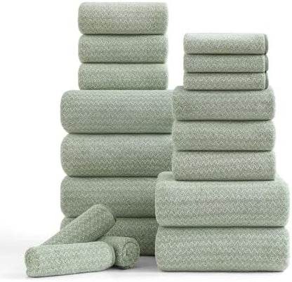 Ycosy 18 Piece Bath Towels Set,100% Microfiber Family Bathroom Towel with Hanging Loops-6 Bath Towels,6 Hand Towels,6 Washcloths,Quick Dry Highly Absorbent Shower Towel for Bathroom,Hotel,Spa-Green