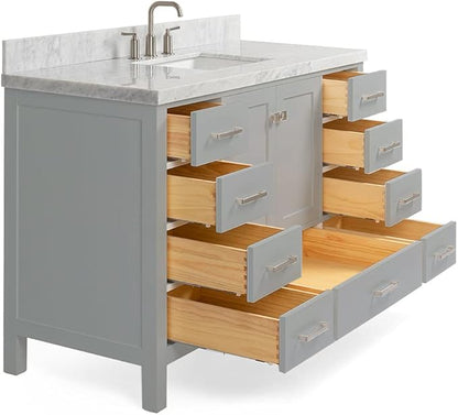 ARIEL Cambridge 54-inch Bathroom Vanity with Sink,Solid Wood, 1.5-inch Italian Carrara Marble Countertop, Single Rectangular Porcelain Sink, 2 Soft Closing Doors, 9 Dovetail Drawers, Grey