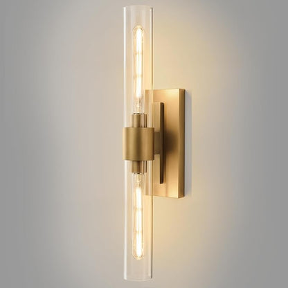 Champagne Brass Bathroom Wall Sconce: Modern Gold Indoor Dimmable Lighting | Clear Glass Tube Light Fixtures, Vertical or Horizontal Mounted Vanity Sconces for Living Room Bedroom Hallway