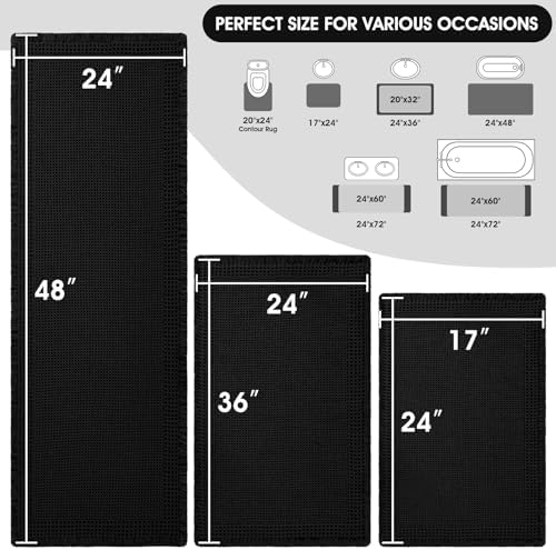 Upgraded Waffle Bath Mat Set 3 Piece Black-Bordered, Super Absorbent Non-Slip Quick Dry Bathroom Rugs with Tassels, Machine Washable Ultra Soft Boho Bath Rugs for Floor, Bath Mats Boho Farmhouse Decor