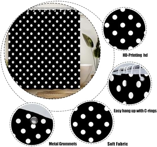 Polka Dot Shower Curtain Black White Retro Spot Vintage Fabric Decorative Bathroom Curtains with Hooks,70" Wx78 H