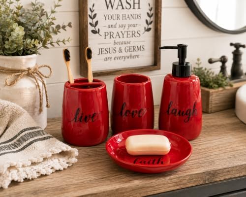 Red Ceramic Bathroom Accessories Set, 4 Piece Farmhouse Bathroom Decor, Soap Dispenser, Toothbrush Holder, Tumbler & Soap Dish, Live Love Laugh Faith Bathroom Countertop Set