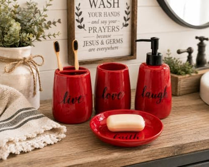 Red Ceramic Bathroom Accessories Set, 4 Piece Farmhouse Bathroom Decor, Soap Dispenser, Toothbrush Holder, Tumbler & Soap Dish, Live Love Laugh Faith Bathroom Countertop Set