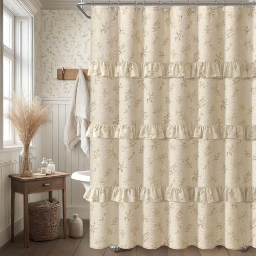 Beige Floral Farmhouse French Country Ruffle Linen Shower Curtain 72Wx72H