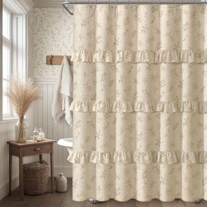 Beige Floral Farmhouse French Country Ruffle Linen Shower Curtain 72Wx72H
