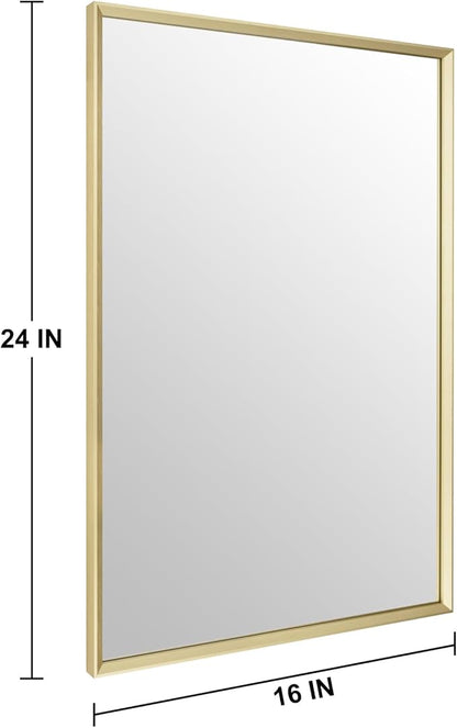 Bathroom Mirror for Wall, 16x24 Inch Metal Framed Mirror, Brushed Gold Rectangle Mirror, Bathroom Vanity Mirror Farmhouse, Tempered Glass, Anti-Rust, Hangs Horizontally or Vertically