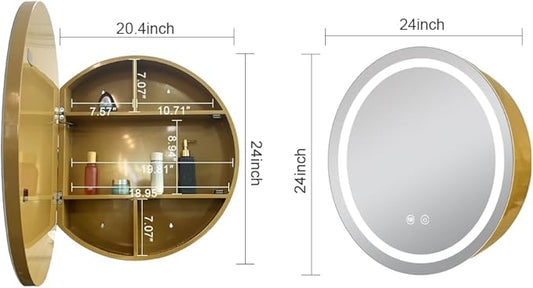 24inch Round Medicine Cabinet with Lights,Led Medicine Cabinet with Defogger,Illuminated Mirror Cabinet for Bathroom,Dimmable,Anti-Fog,3 Colors,Surface Mount Only,Gold