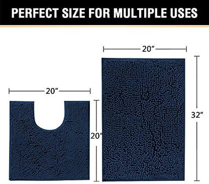 H.VERSAILTEX Bath Mats Non Slip for Bathroom Rugs Soft, Absorbent, Shaggy Microfiber,Machine-Washable Dry Fast Bedroom Area Rugs Perfect for Door Mat (32"x 20" and 20" x 20" U Shape, Navy)