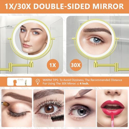 Auxmir 1X/30X Wall Mounted Makeup Mirror, 8" Rechargeable Magnifying Mirror