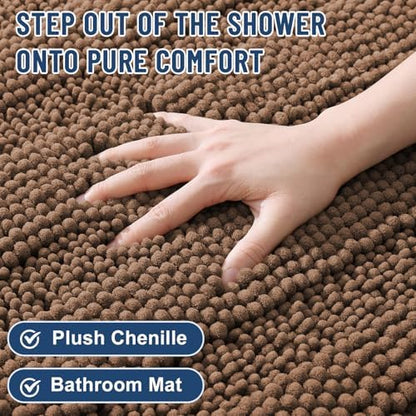 Grandaily Chenille Striped Bathroom Rugs 24x16, Extra Thick and Soft Absorbent Bath Mats, Rubber Backing, Plush Shaggy Shower Carpet, Machine Wash Dry, Bath Rug for Bathroom, Mocha