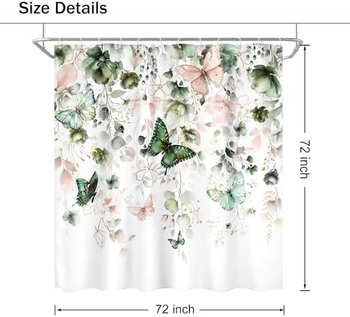 Green Pink Floral Butterfly Spring Summer Bathroom Shower Curtain Set