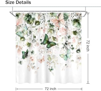 Green Pink Floral Butterfly Spring Summer Bathroom Shower Curtain Set