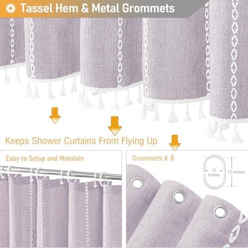 BTTN Small Boho Linen Heavy Duty Cloth Shower Curtain Set, 36x72, Lavender
