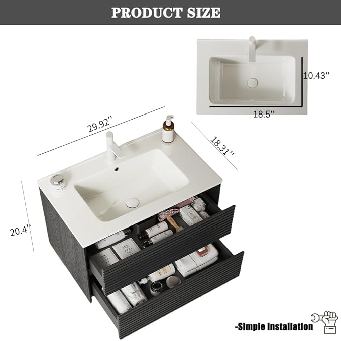 30" Floating Bathroom Vanity with Sink, Wall Mounted Modern Bathroom Cabinet with 2 Soft Close Drawers, Oak & Plywood, Pre-Assembled with Integrated Ceramic Basin – Sedona, Dark Oak