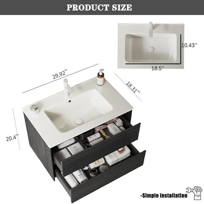 30" Floating Bathroom Vanity with Sink, Wall Mounted Modern Bathroom Cabinet with 2 Soft Close Drawers, Oak & Plywood, Pre-Assembled with Integrated Ceramic Basin – Sedona, Dark Oak