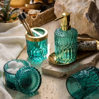 EMPO 6PCS Bathroom Clear Glass Accessories Set (Lotion Soap Dispenser, Soap Dish, Toothbrush Holder, Tumbler, Cotton Swab Jar), Contemporary Modern Decor Crystal Vintage Gift (6pcs Ocean Teal Blue)