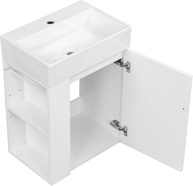 Harper & Bright Designs 20" Bathroom Vanity with Sink, Wall-Mounted Single Basin Vanity Set with Cabinet & Two-Tier Left Side Storage Shelf, Storage Cabinet with Ceramic Basin for Bathroom, White