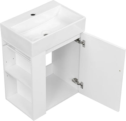 Harper & Bright Designs 20" Bathroom Vanity with Sink, Wall-Mounted Single Basin Vanity Set with Cabinet & Two-Tier Left Side Storage Shelf, Storage Cabinet with Ceramic Basin for Bathroom, White