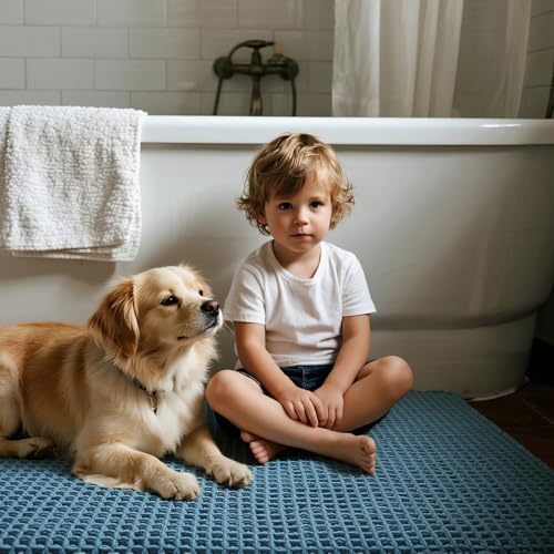 Triohero Waffle Bath Mat, Small Boho Bathroom Rugs, 16x24 Denim Blue